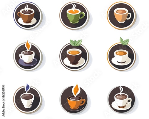 Twelve circular icons depicting various hot beverages in cups and saucers, showcasing different colors and styles