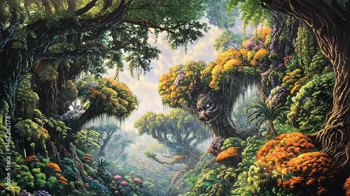 Enchanted Verdant Valley: Mystical forest landscape with vibrant plant life and ethereal atmosphere