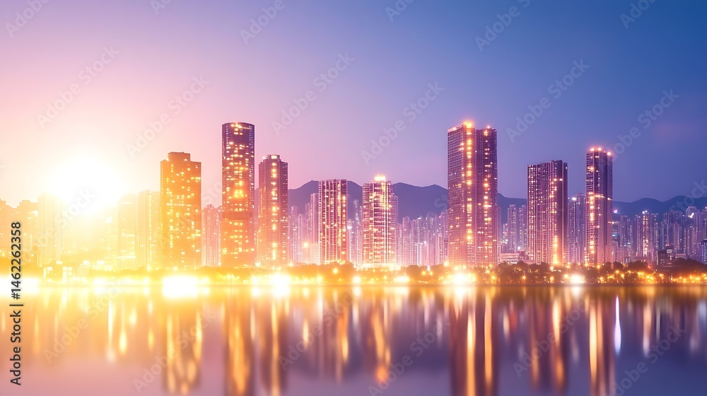 Fototapeta premium Vibrant cityscape at twilight, reflected in calm water