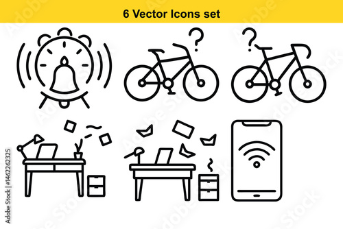6 Versatile Vector Icons Clock, Bicycle, Desk, Smartphone - Perfect for Website and App Design