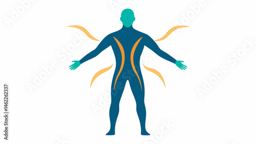 Healing Body Illustration A human silhouette with highlighted areas representing regeneration such as skin muscles and . Flowing energy lines signify healing and vitality