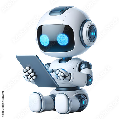 3D CUTE Ai robot using tablet isolate on White background
