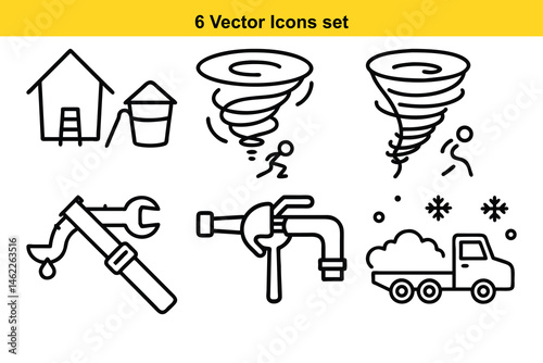 6 Essential Vector Icons Home, Tornado, Wrench, Faucet, Snow Plow, Disaster Preparedness