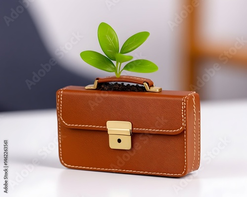 A brown briefcase with a small sprout growing from it, symbolizing sustainable business growth