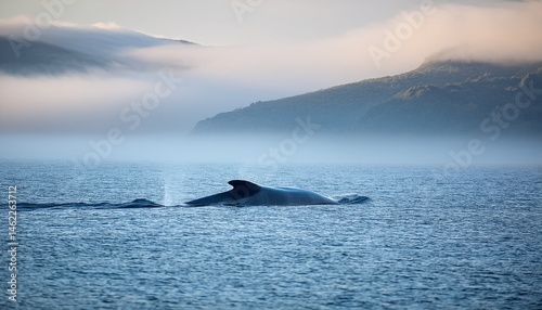 a minke whale in the misty morning ocean photo
