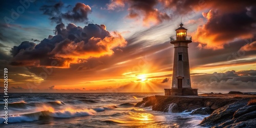 Majestic Sunset Seascape with Guiding Lighthouse