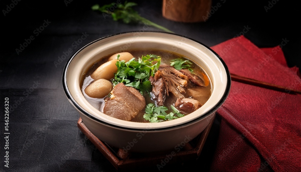 bak kut teh broth with tender meat presented in close up food photography bak kut teh broth with tender meat presented in close up food photography
