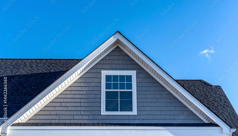 A close-up view of a house's gable, showcasing a gray shingle roof and a window against a clear blue sky A close-up view of a house's gable, showcasing a gray shingle roof and a window against a clear blue sky