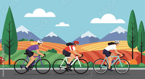 Adobe Illustrator Artwork vector flat illustration of three women cycling on a scenic country road with mountains in the background. Promotes healthy lifestyle, outdoor activity, and fitness