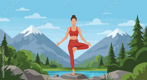 Adobe Illustrator Artwork Peaceful vector flat illustration of a woman practicing yoga in a serene mountain landscape. Promotes healthy lifestyle, mindfulness, and nature connection