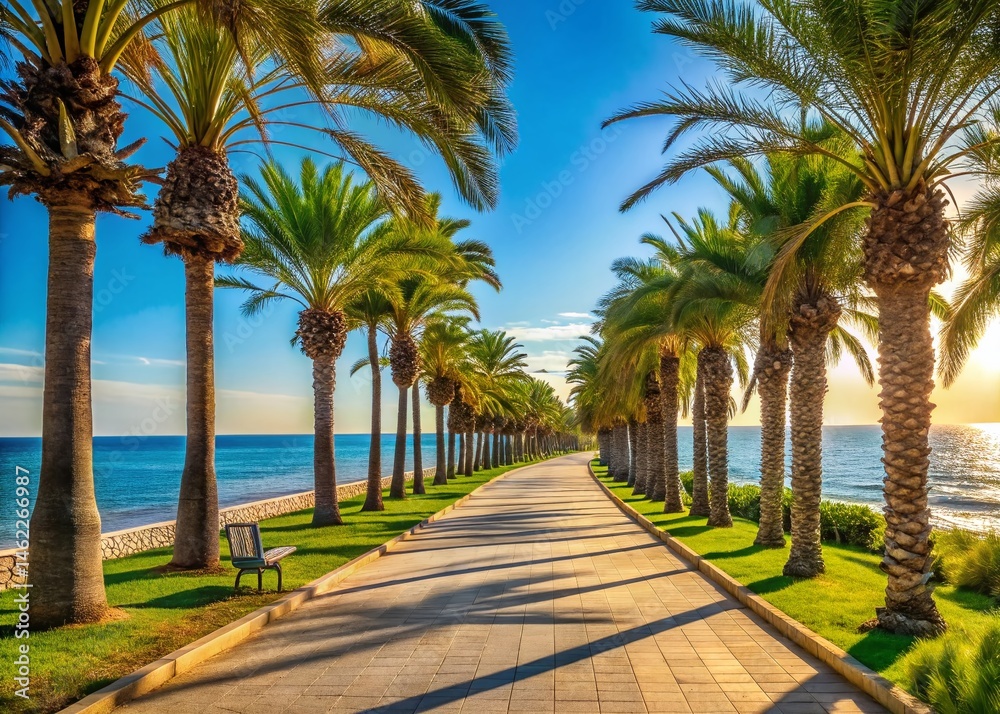 Obraz premium Mediterranean Coastal Walkway: Palm Trees & Sea, High-Resolution Stock Photo
