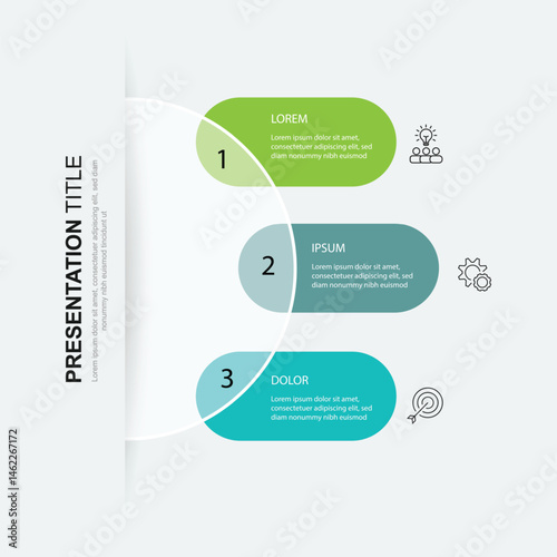 3 step process infographic template. Banner presentation with icons and 3 columns on circle. Vector illustration suitable for business information and web graphic design.