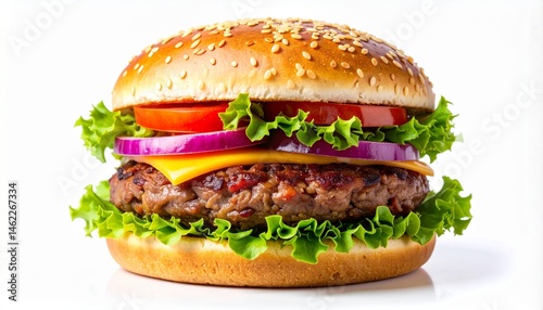A delicious, colorful burger with lettuce, tomato, onion, cheese, and a sesame seed bun, showcasing a classic fast-food favorite
