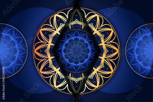 Symmetrical Art with Blue and Gold Interwoven Circle Design

