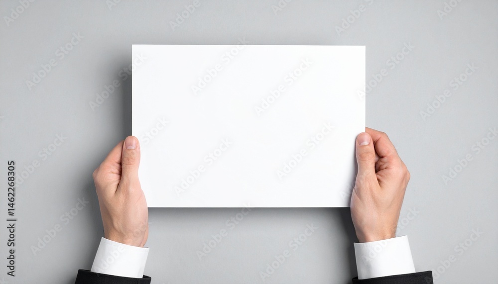 A person holding a blank white sheet of paper against a gray background, suggesting a space for creativity or communication