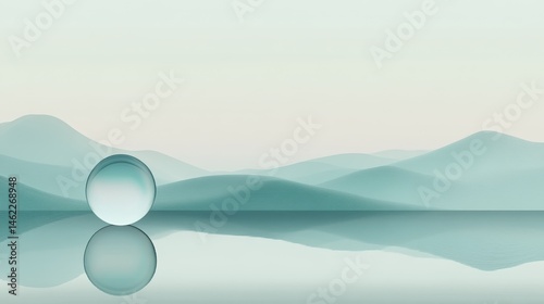 Tranquil, minimalist landscape with a glass sphere.