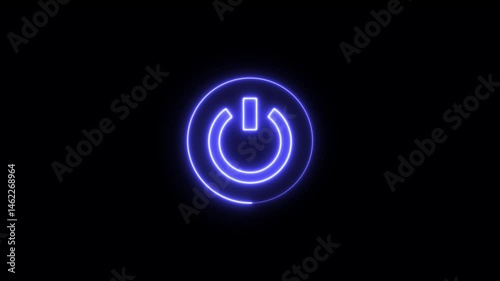 Glowing power button icon animated on a black background. Neon light power button turning on and off. Power button on off icon animation with neon circle