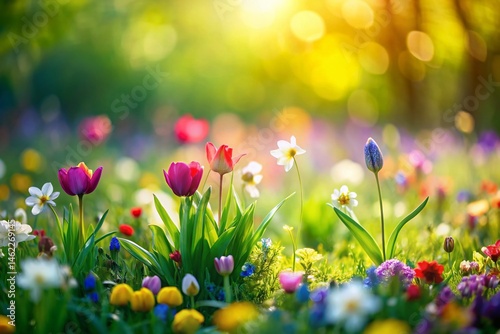 Miniature Green Grass Meadow with Spring Flower Border - Tilt-Shift Photography