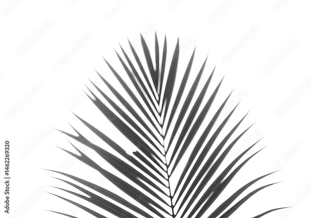 Fototapeta premium Close up monochrome image of a palm leaf with sharp pointed fronds against a white background space