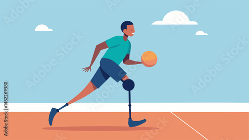 Playing Adaptive Basketball A person with a prosthetic leg skillfully dribbles a basketball on an outdoor court. Their focused expression and dynamic pose highlight the excitement