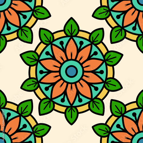 Multicolour flower mandala tile art, simple design