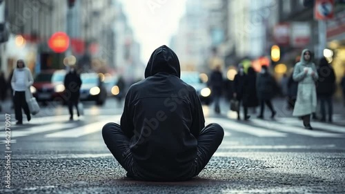 This footage captures a unique perspective of a person meditating in a busy urban setting. It highlights contrast between solitude and the bustle of city life. Generative AI