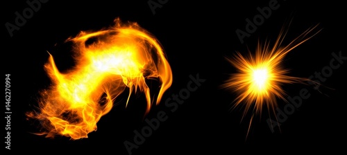 abstract shape of flickering flame and exploding star in orange color isolated on black background