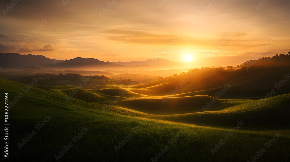 Obraz premium A peaceful landscape of rolling hills under a gentle sunset, conveying feelings of serenity and contentment.