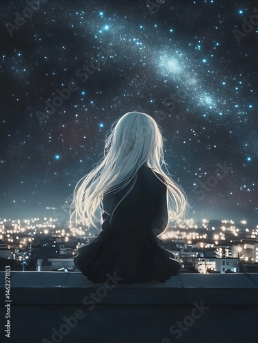 Gazing at the starlit sky from a rooftop, a figure reflects on the mysteries of the universe during a serene night in the city