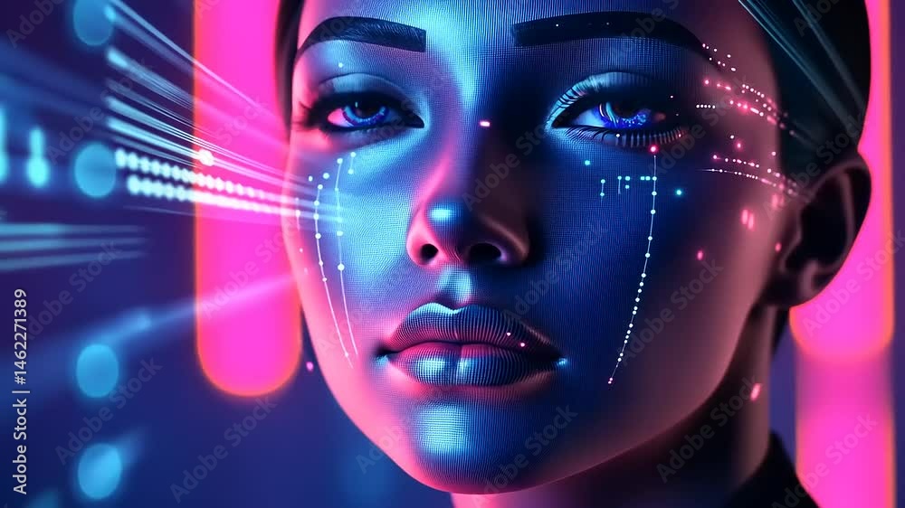 Artificial intelligence woman with digital interface glowing in neon colors Artificial intelligence woman with digital interface glowing in neon colors