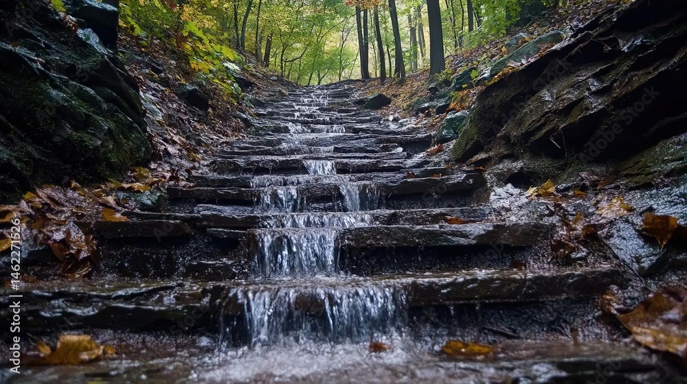 Fototapeta premium Forest Stairs with Flowing Water in Autumn, Rocks and Fallen Leaves Composition for Travel Blogging or Wallpaper Design