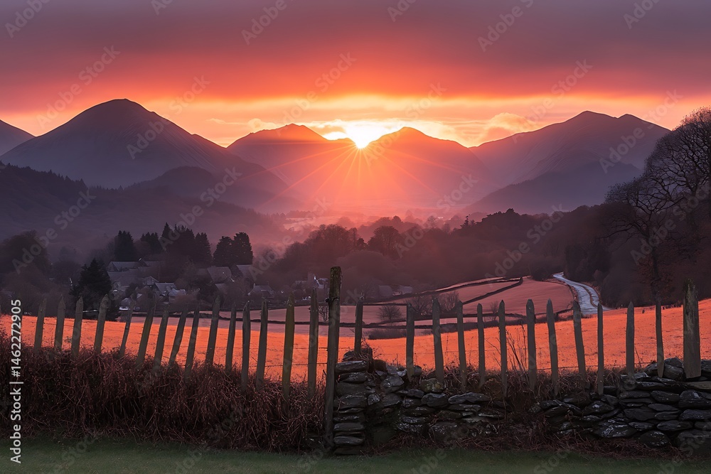 Obraz premium Majestic Sunrise over Mountain Valley Village Scenic Landscape