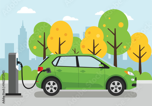 Adobe Illustrator Artwork Eco-friendly vector flat illustration of a green electric car charging at a station in a park. Symbolizes sustainable transportation, ecology, and a clean environment