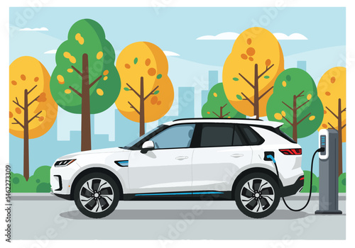Adobe Illustrator Artwork Eco-friendly vector flat illustration of a green electric car charging at a station in a park. Symbolizes sustainable transportation, ecology, and a clean environment