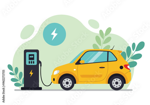 Adobe Illustrator Artwork Eco-friendly vector flat illustration of a green electric car charging at a station in a park. Symbolizes sustainable transportation, ecology, and a clean environment