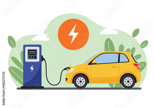 Adobe Illustrator Artwork Eco-friendly vector flat illustration of a green electric car charging at a station in a park. Symbolizes sustainable transportation, ecology, and a clean environment