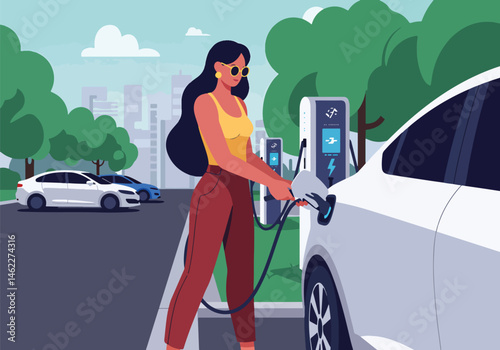 Adobe Illustrator Artwork Modern vector flat illustration of a stylish woman charging her electric car at a public station in a city park. Promotes eco-friendly transportation and sustainability