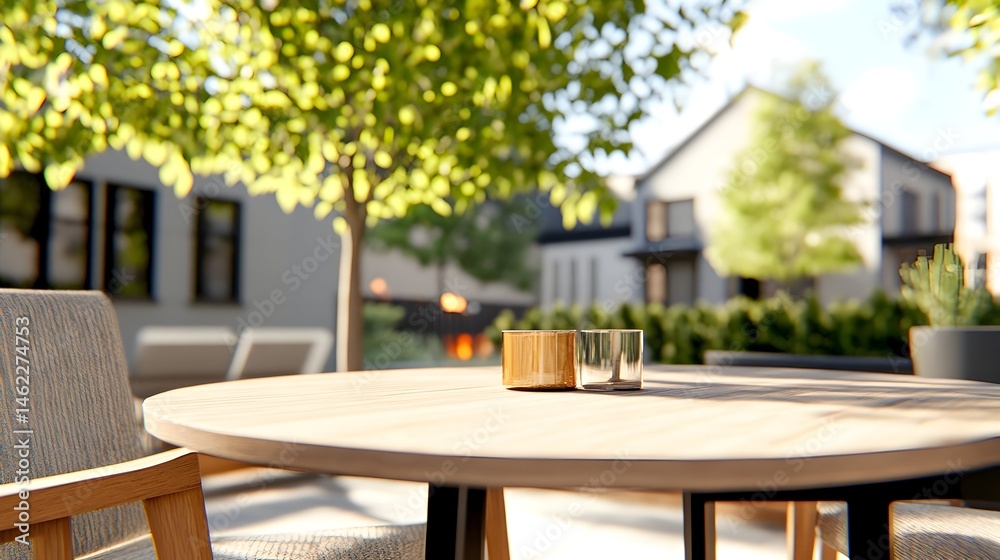 Sunny patio scene with wooden table, chairs, and glasses; houses and trees in background
