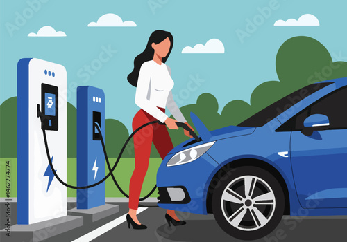 Adobe Illustrator Artwork Modern vector flat illustration of a stylish woman charging her electric car at a public station in a city park. Promotes eco-friendly transportation and sustainability