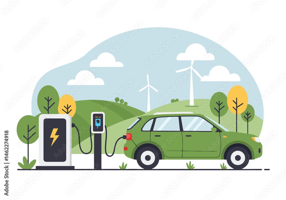 Adobe Illustrator Artwork Vibrant vector flat illustration of a electric car charging with wind turbines and green trees in the background. Symbolizes clean energy, ecology, and sustainable transport