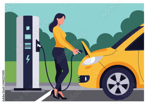 Adobe Illustrator Artwork Modern vector flat illustration of a stylish woman charging her electric car at a public station in a city park. Promotes eco-friendly transportation and sustainability