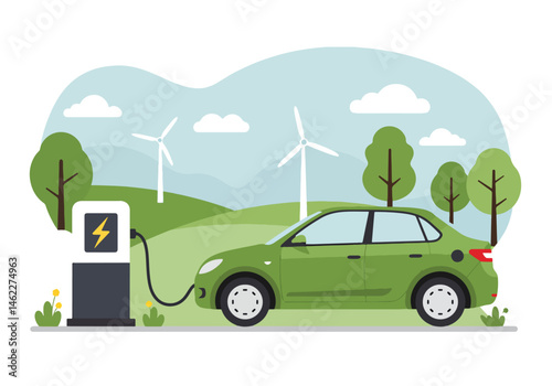 Adobe Illustrator Artwork Vibrant vector flat illustration of a electric car charging with wind turbines and green trees in the background. Symbolizes clean energy, ecology, and sustainable transport