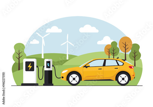 Adobe Illustrator Artwork Vibrant vector flat illustration of a electric car charging with wind turbines and green trees in the background. Symbolizes clean energy, ecology, and sustainable transport