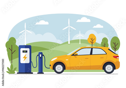 Adobe Illustrator Artwork Vibrant vector flat illustration of a electric car charging with wind turbines and green trees in the background. Symbolizes clean energy, ecology, and sustainable transport