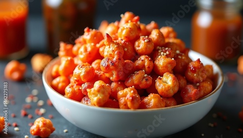 Spicy caramel popcorn in white bowl with sauce jars on dark background