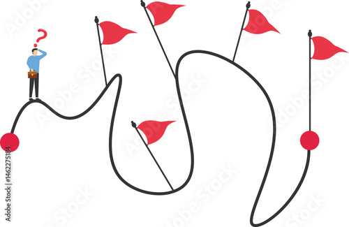 Businessman on the road with red flag, long path and goals to conquer stock illustrationAdversity, Businessman, Growth, Problems, Occupation, Conquering Adversity, Curve, Decisions, Direction, Improve