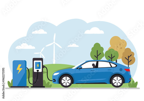 Adobe Illustrator Artwork Vibrant vector flat illustration of a electric car charging with wind turbines and green trees in the background. Symbolizes clean energy, ecology, and sustainable transport