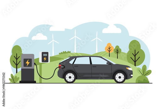 Adobe Illustrator Artwork Vibrant vector flat illustration of a electric car charging with wind turbines and green trees in the background. Symbolizes clean energy, ecology, and sustainable transport