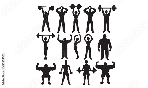 People exercise in gym. Female and male characters leading healthy lifestyle
