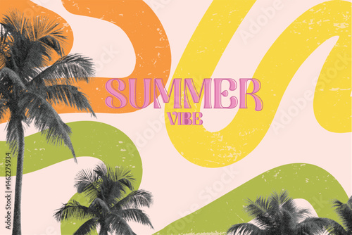 Creative concept for a summer banner set with2k collage design Retro photocopy . Modern abstract art with wavy shapes and lines  Perfect for celebration,  branding, cards, covers, labels